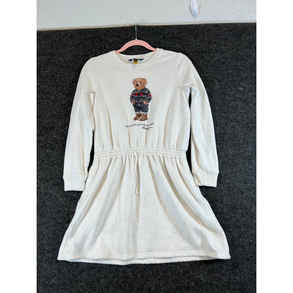 Ralph LaurenPolo Bear Sweatshirt Dress White Girls Youth Large Elastic Waist